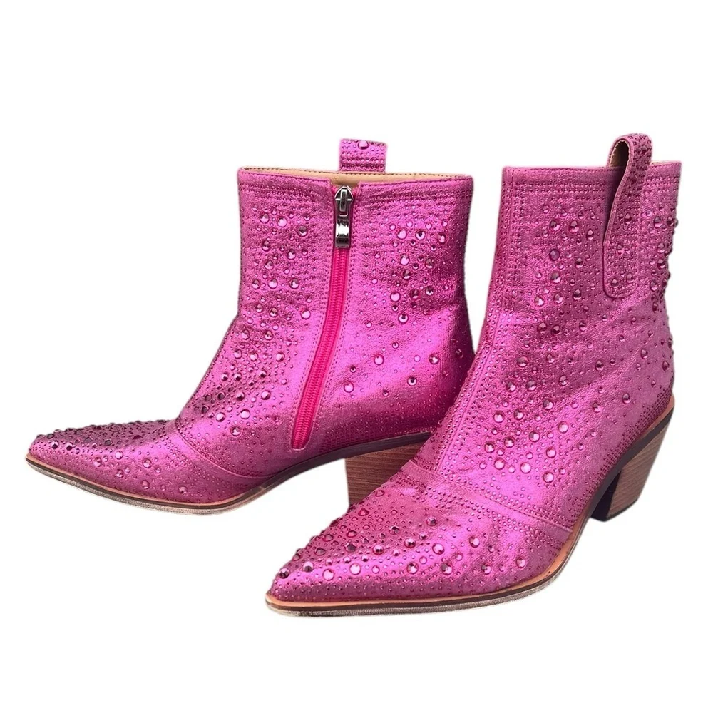 ISNOM 11 Metallic Pink Rhinestone Western Boots Booties Cowgirl Festival Concert - Picture 3 of 13